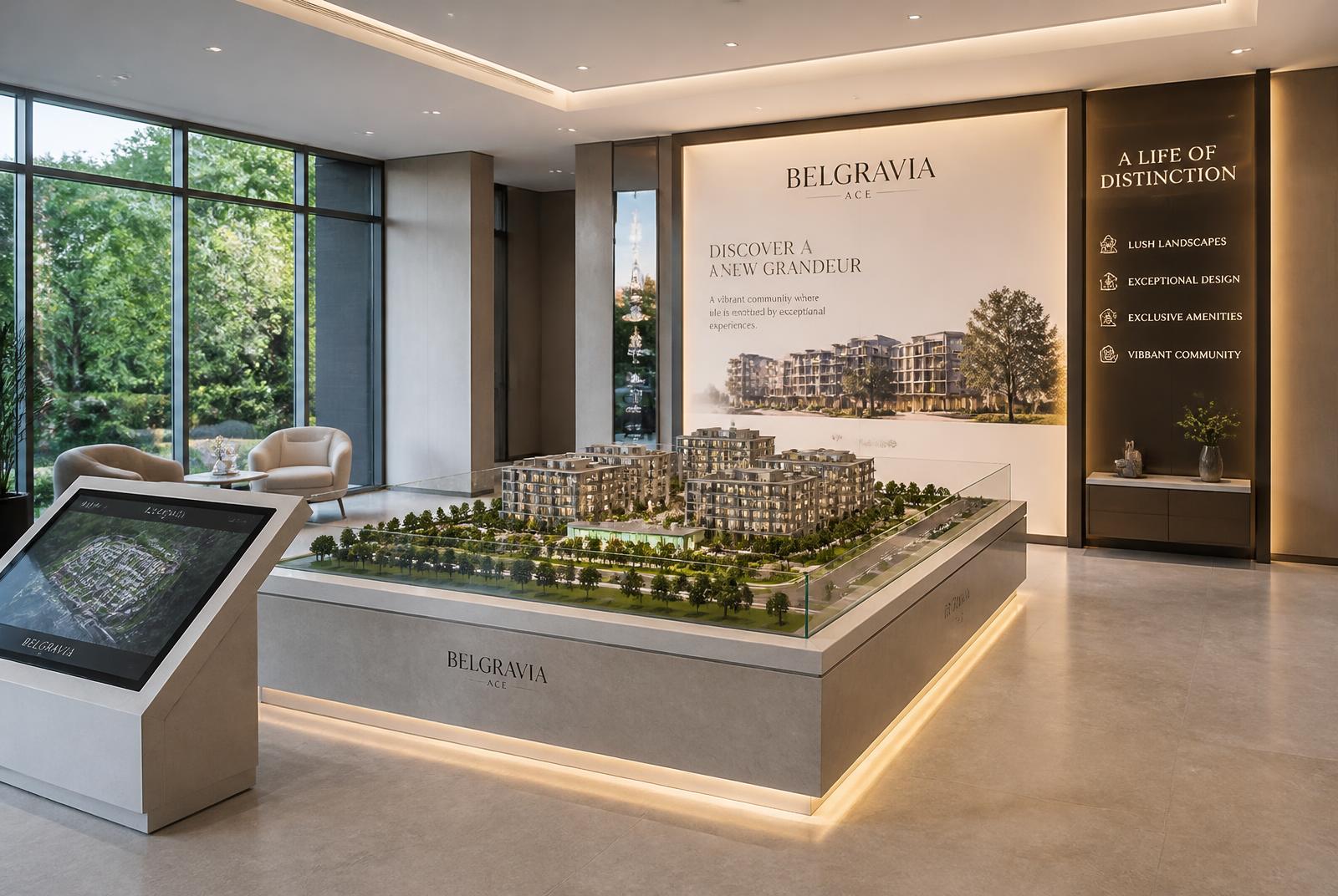 Real estate sales showroom with architectural scale model and interactive kiosk