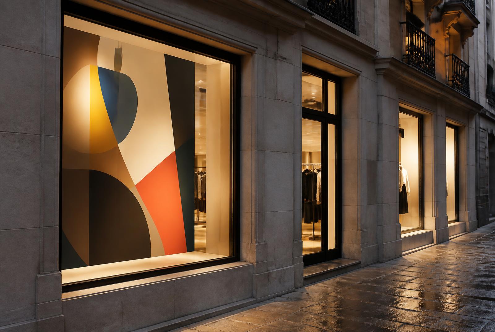 Illuminated retail storefront with printed window graphics at dusk