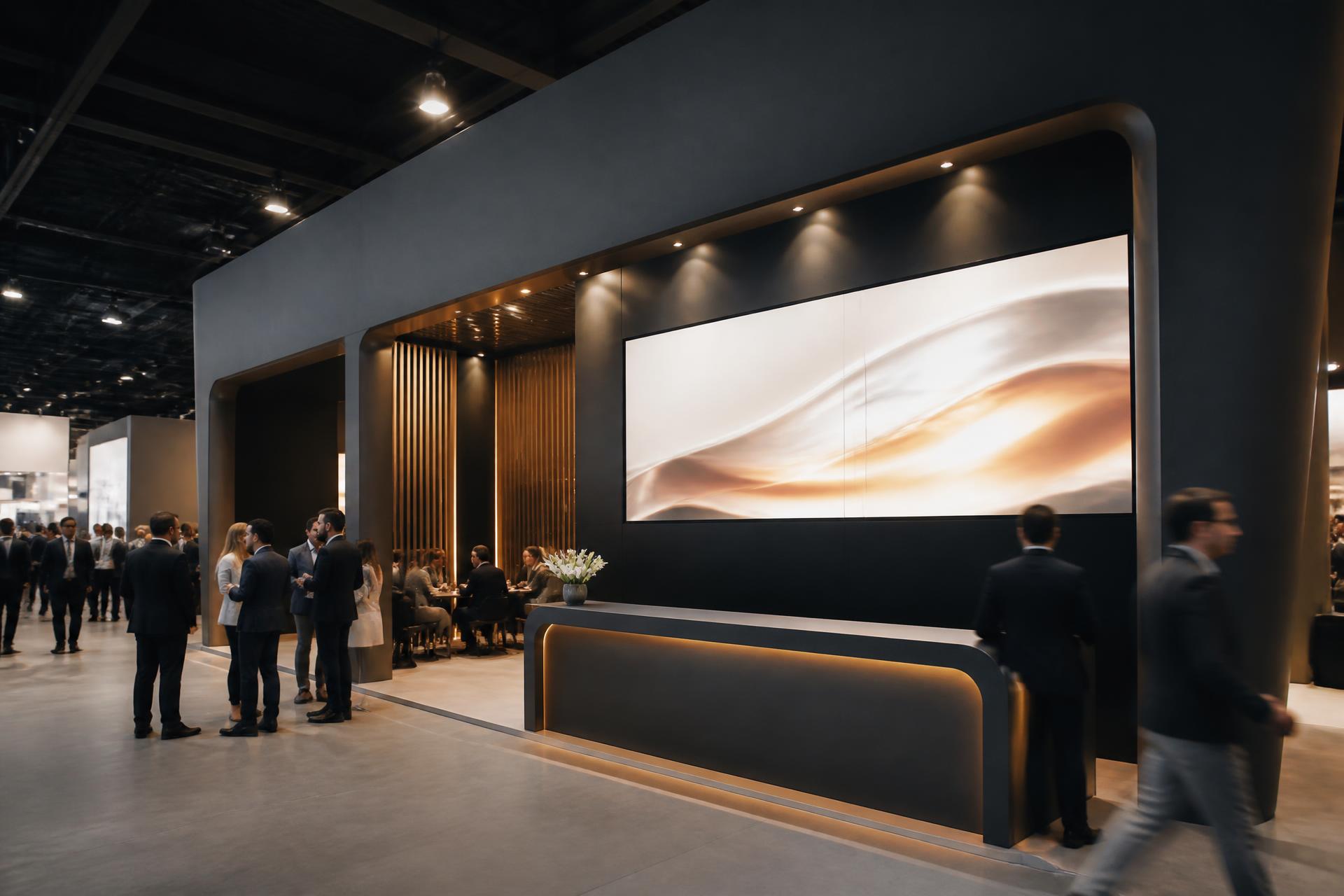 Modern exhibition stand with an LED video wall at a trade show